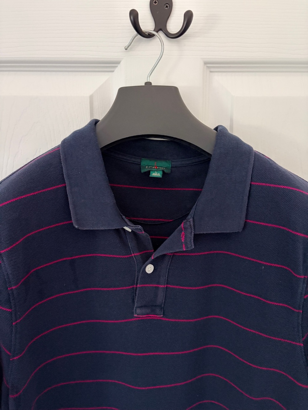 J Crew Classic Fit Navy with Purple Stripe Polo Shirt - Large